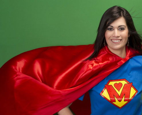 Super Mother in Red Cape With Chest Crest Smiling