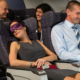 Business woman sleep during night flight airplane cabin passengers