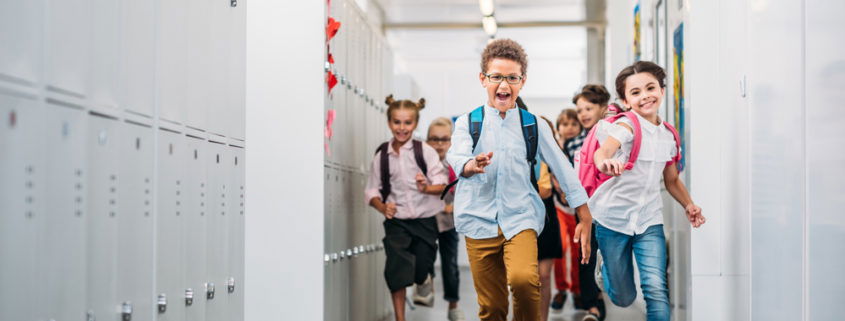 Young school aged kids running through the halls because someone has lice!