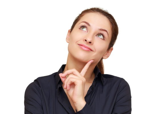 Thinking business woman looking up isolated on white background